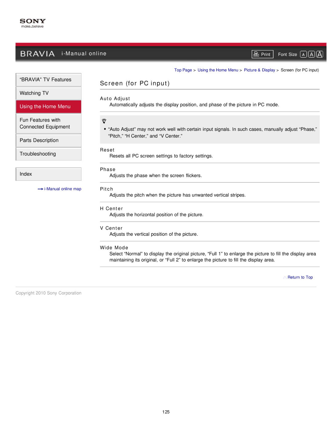 Sony EX71x manual Screen for PC input 