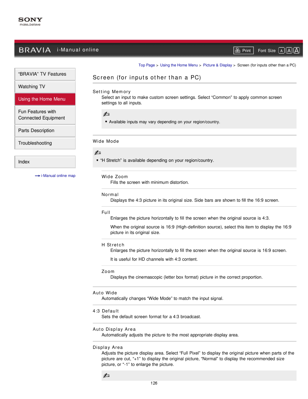 Sony EX71x manual Screen for inputs other than a PC 