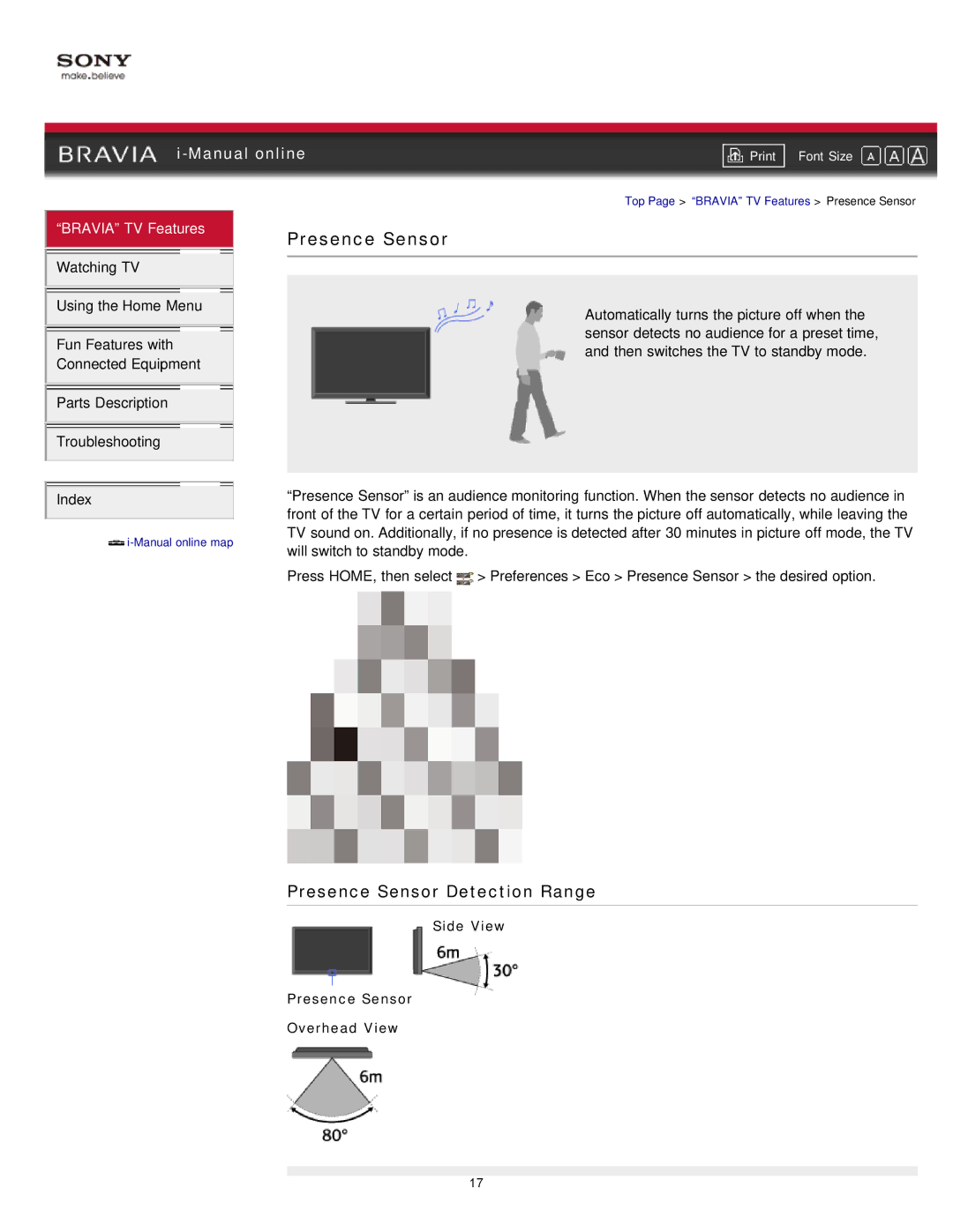 Sony EX71x manual Presence Sensor Detection Range, Side View Presence Sensor Overhead View 