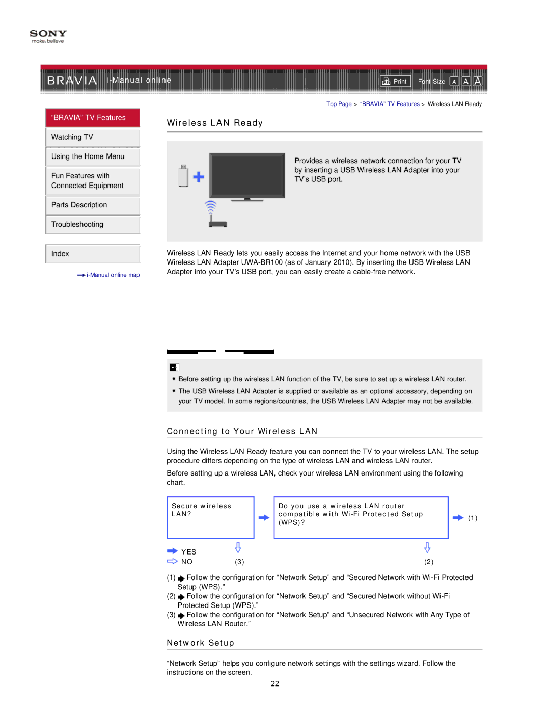 Sony EX71x manual Connecting to Your Wireless LAN, Network Setup 