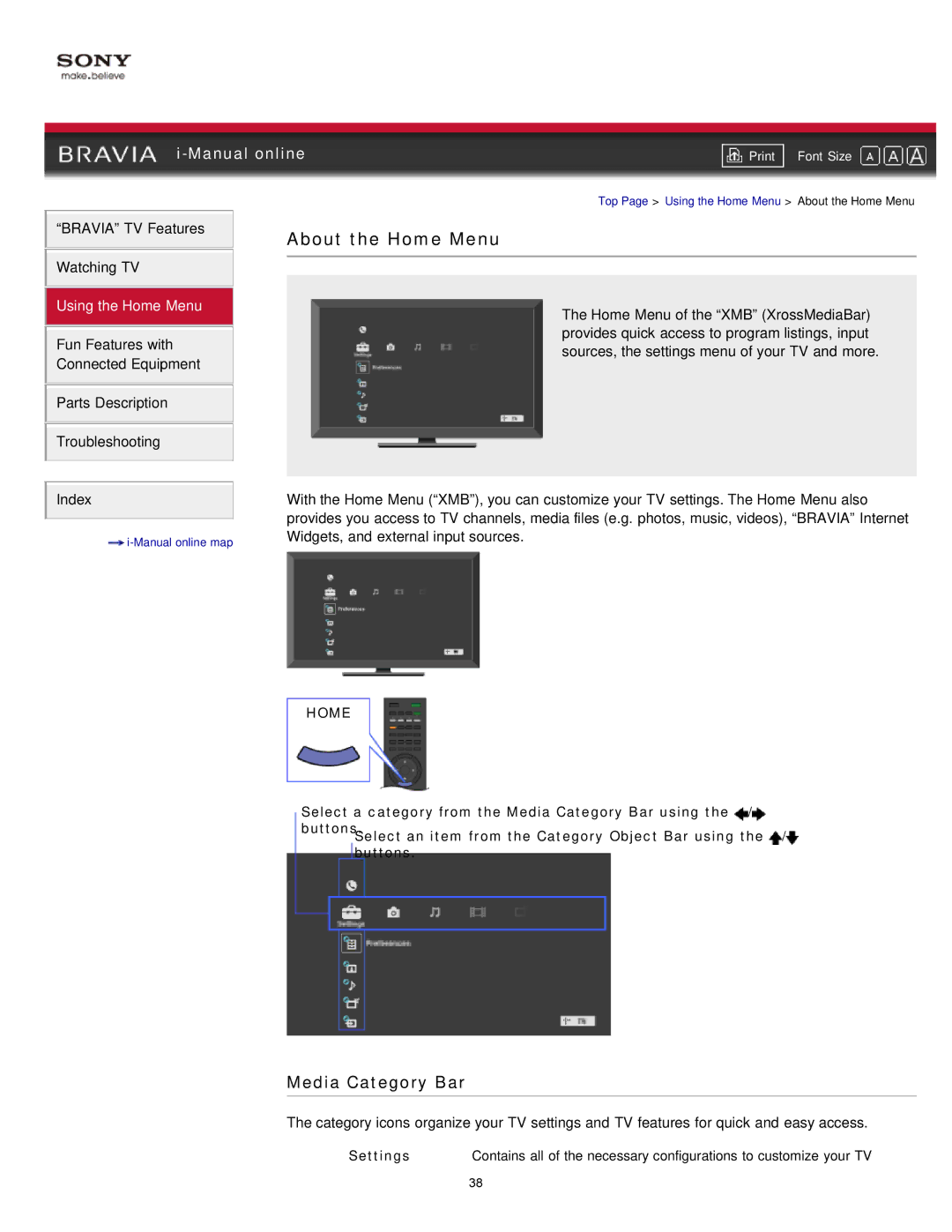 Sony EX71x manual About the Home Menu, Media Category Bar, Settings 