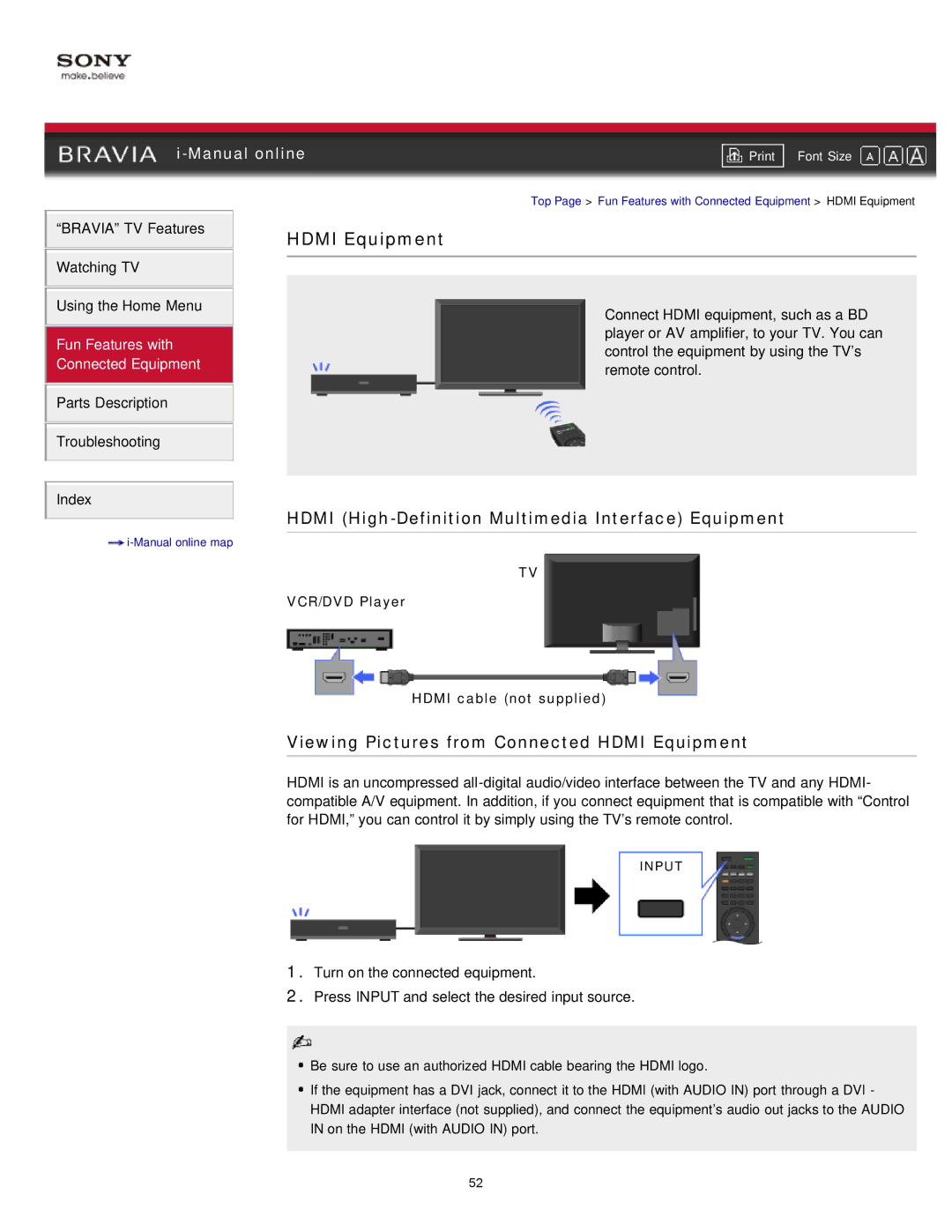 Sony EX71x manual Hdmi Equipment, Hdmi High-Definition Multimedia Interface Equipment 