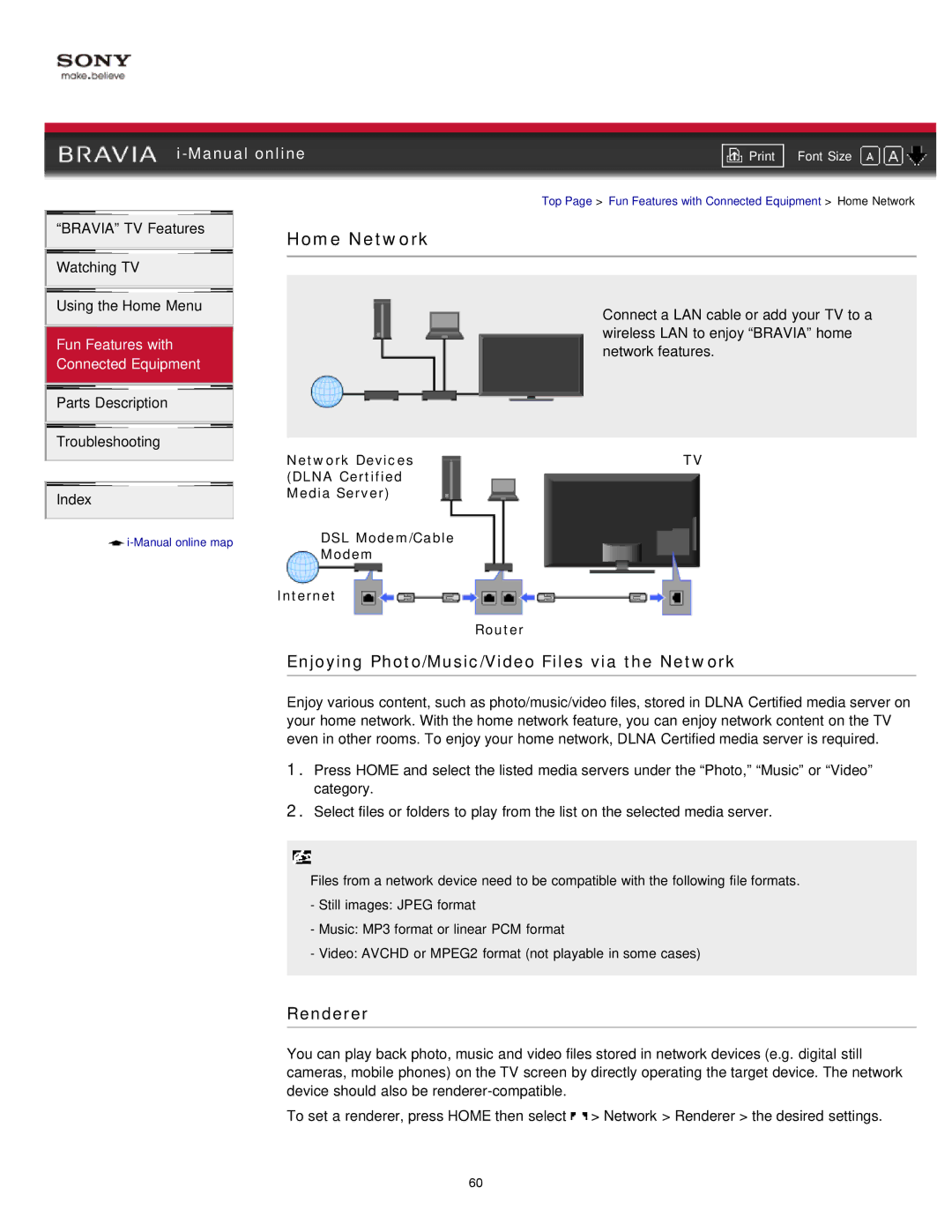 Sony EX71x manual Home Network, Enjoying Photo/Music/Video Files via the Network, Renderer 