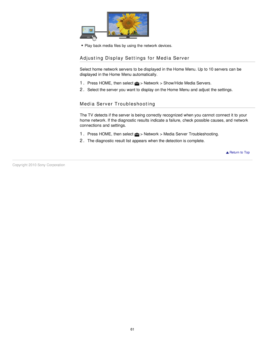 Sony EX71x manual Adjusting Display Settings for Media Server, Media Server Troubleshooting 