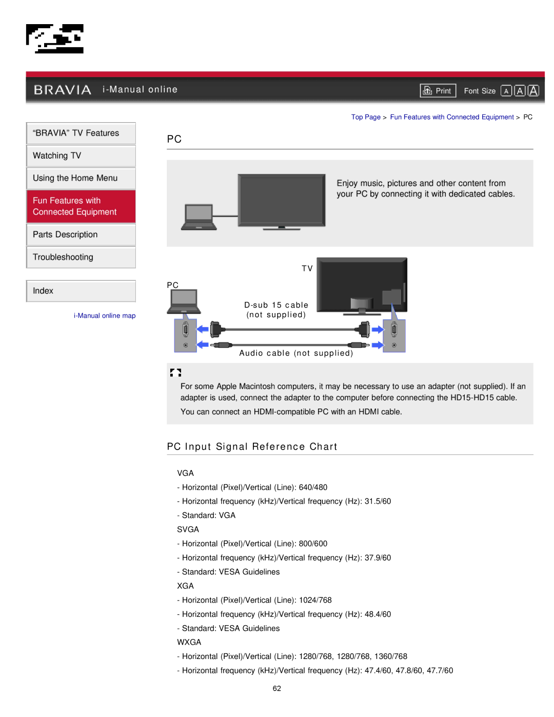 Sony EX71x manual PC Input Signal Reference Chart, Index 