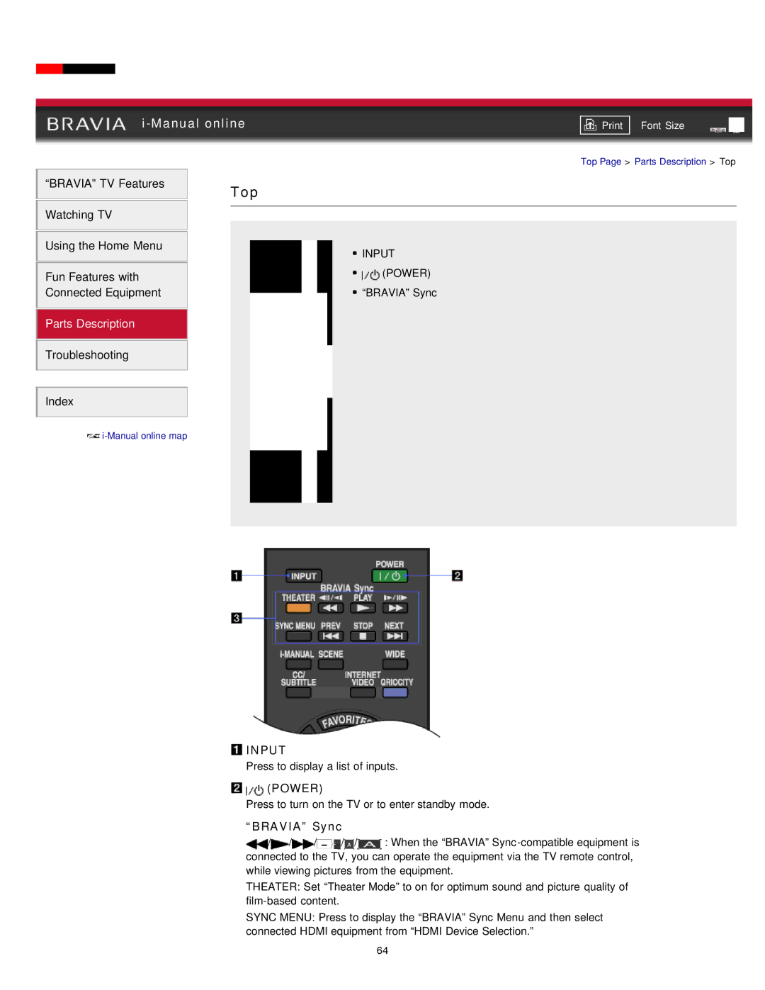 Sony EX71x manual Top, Input, Power, Bravia Sync 