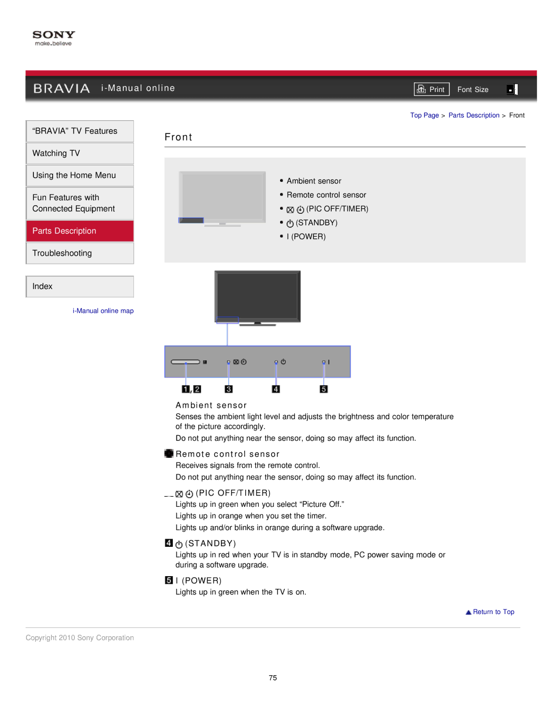 Sony EX71x manual Front, Pic Off/Timer, Standby, Power 