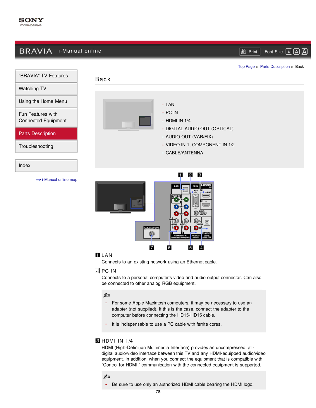 Sony EX71x manual Lan, Hdmi in 1/4 