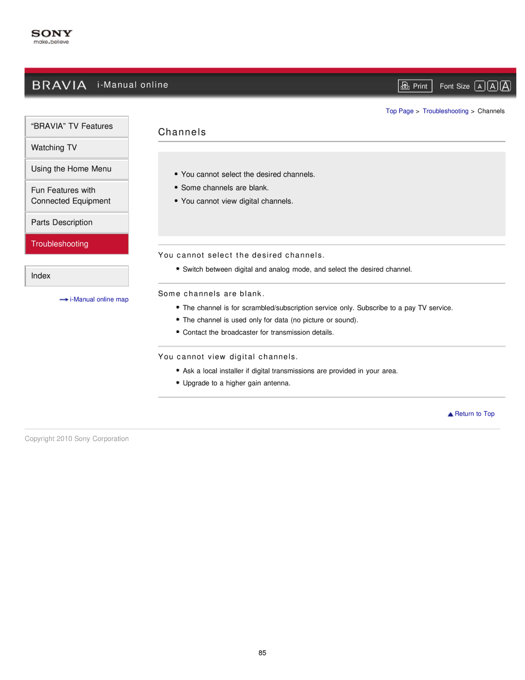 Sony EX71x Channels, You cannot select the desired channels, Some channels are blank, You cannot view digital channels 