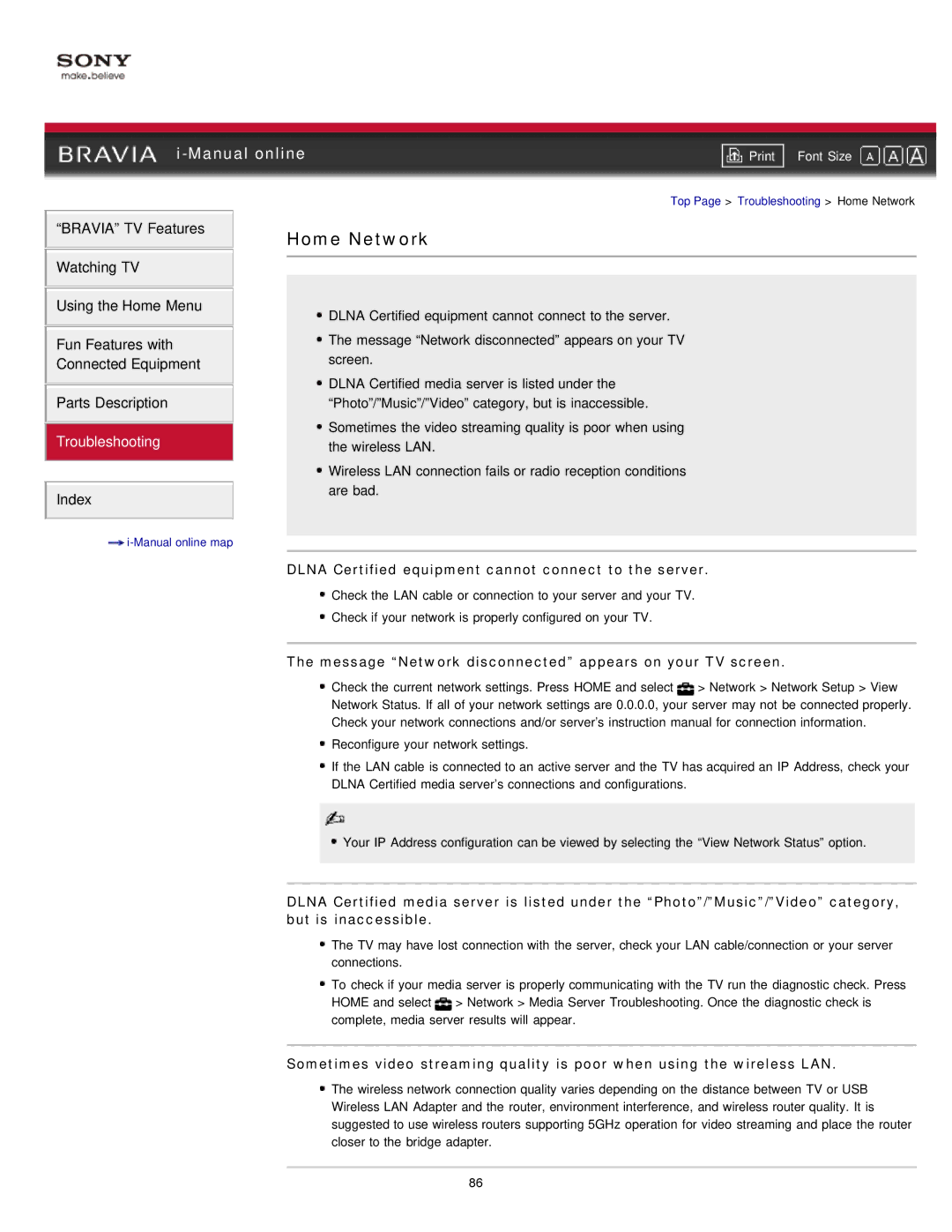 Sony EX71x Dlna Certified equipment cannot connect to the server, Message Network disconnected appears on your TV screen 