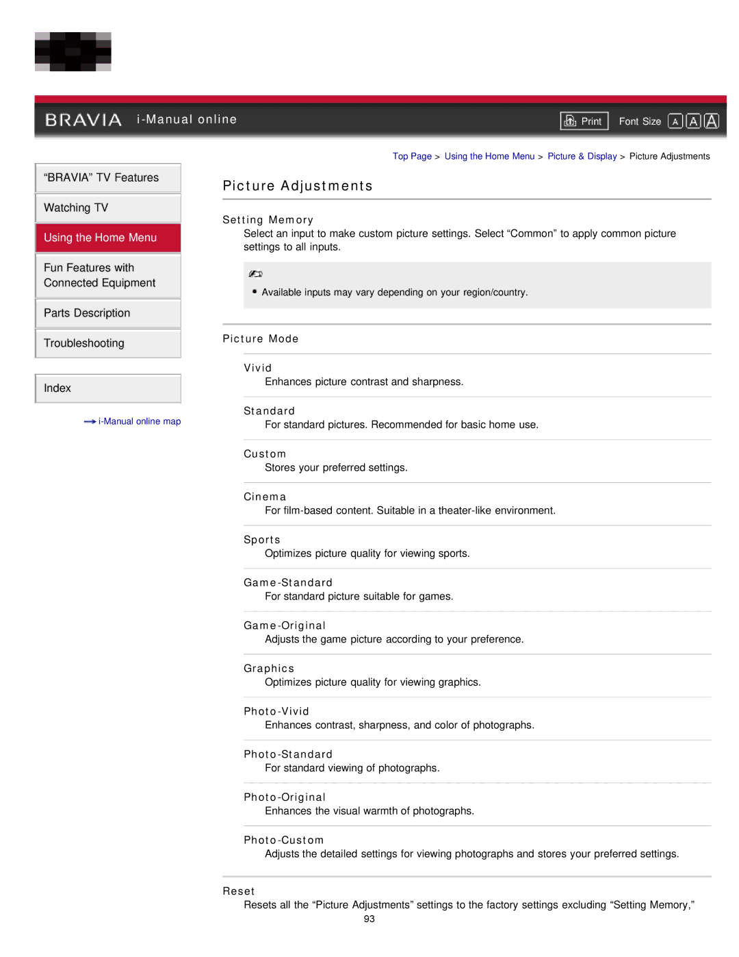 Sony EX71x manual Picture Adjustments 