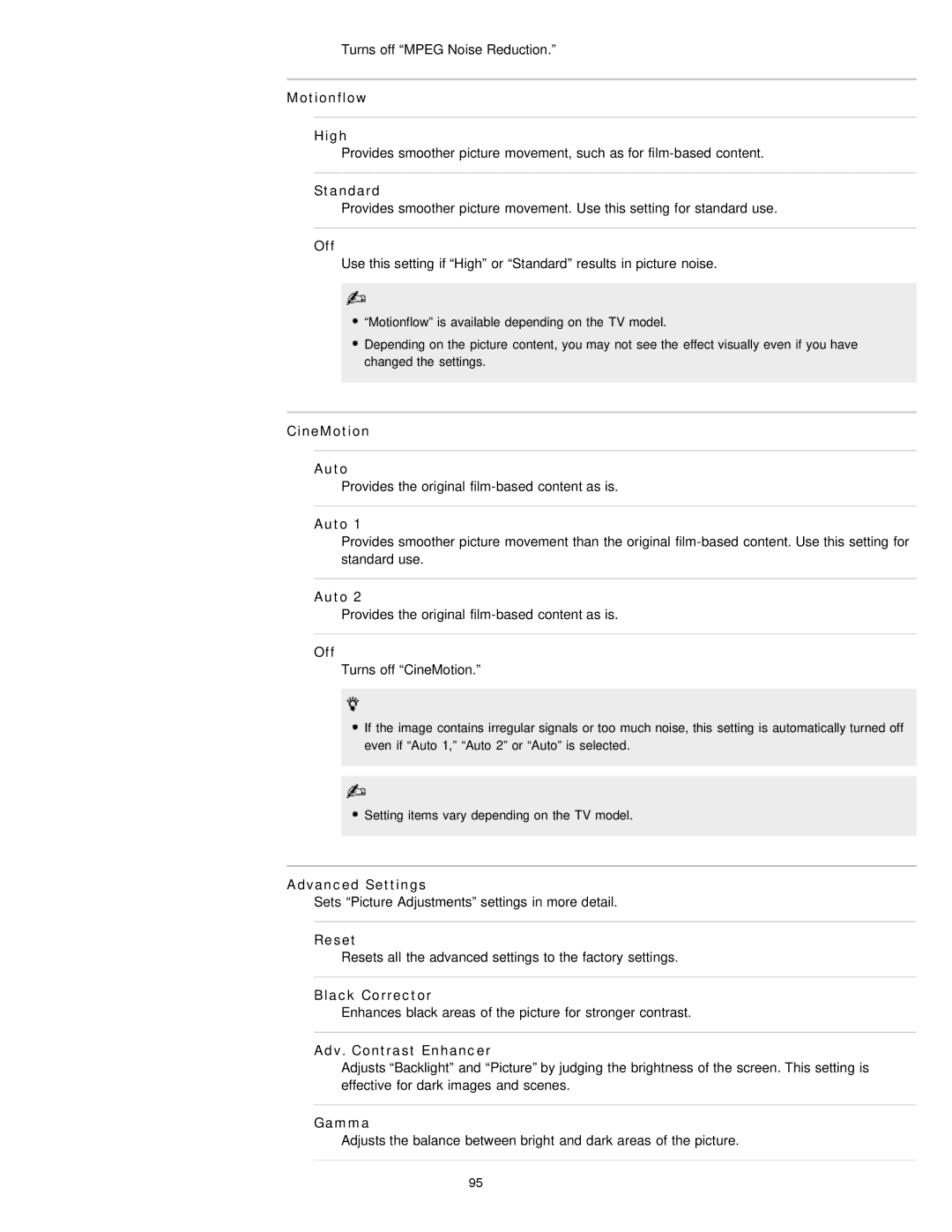 Sony EX71x manual Motionflow High, CineMotion Auto, Advanced Settings, Black Corrector, Adv. Contrast Enhancer, Gamma 