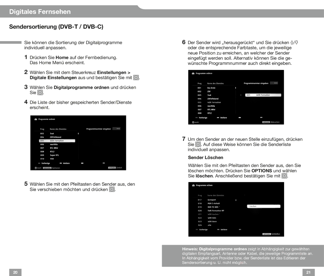 Sony NX72 HX72, EX72 Sendersortierung DVB-T / DVB-C, Wählen Sie Digitalprogramme ordnen und drücken Sie, Sender Löschen 