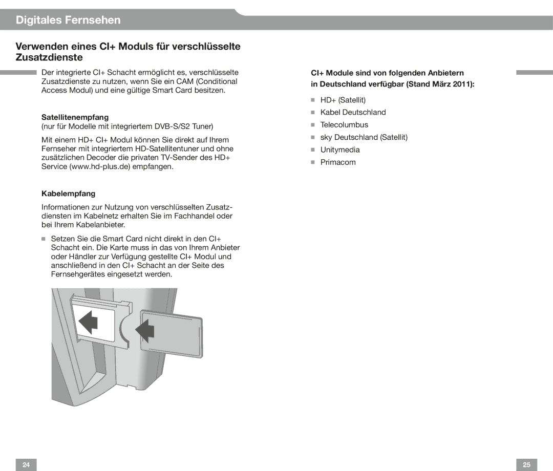 Sony HX92, EX72, EX52, EX42 Verwenden eines CI+ Moduls für verschlüsselte Zusatzdienste, Satellitenempfang, Kabelempfang 