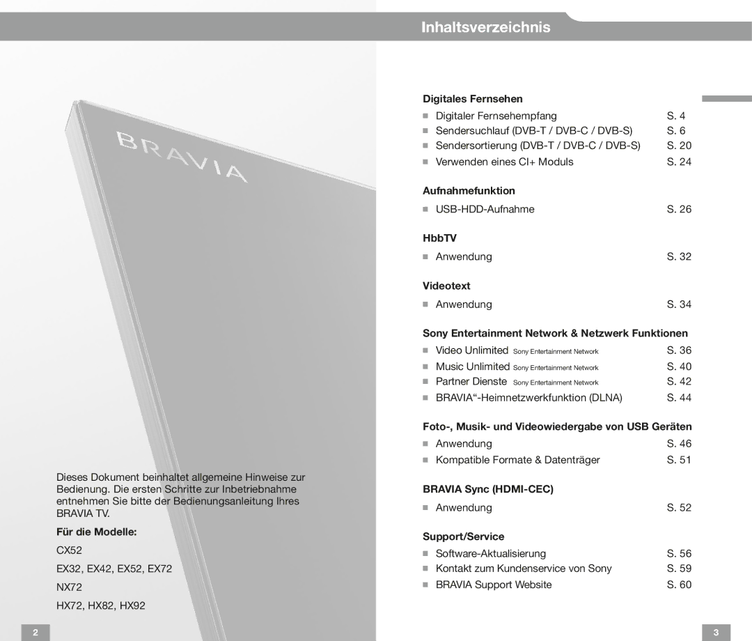 Sony CX52 EX32, EX72, EX52, EX42, NX72 HX72, HX82, HX92 manual Inhaltsverzeichnis 