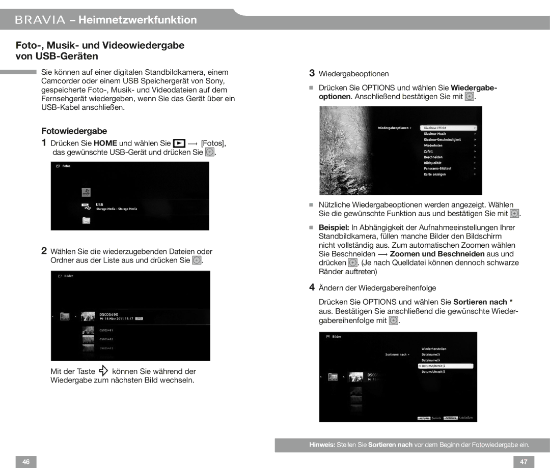 Sony EX42, EX72, EX52, CX52 EX32, NX72 HX72, HX82, HX92 manual Foto-, Musik- und Videowiedergabe von USB-Geräten, Fotowiedergabe 