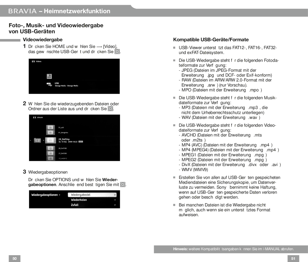 Sony HX82, EX72, EX52, CX52 EX32, EX42, NX72 HX72, HX92 manual Videowiedergabe, Kompatible USB-Geräte/Formate 