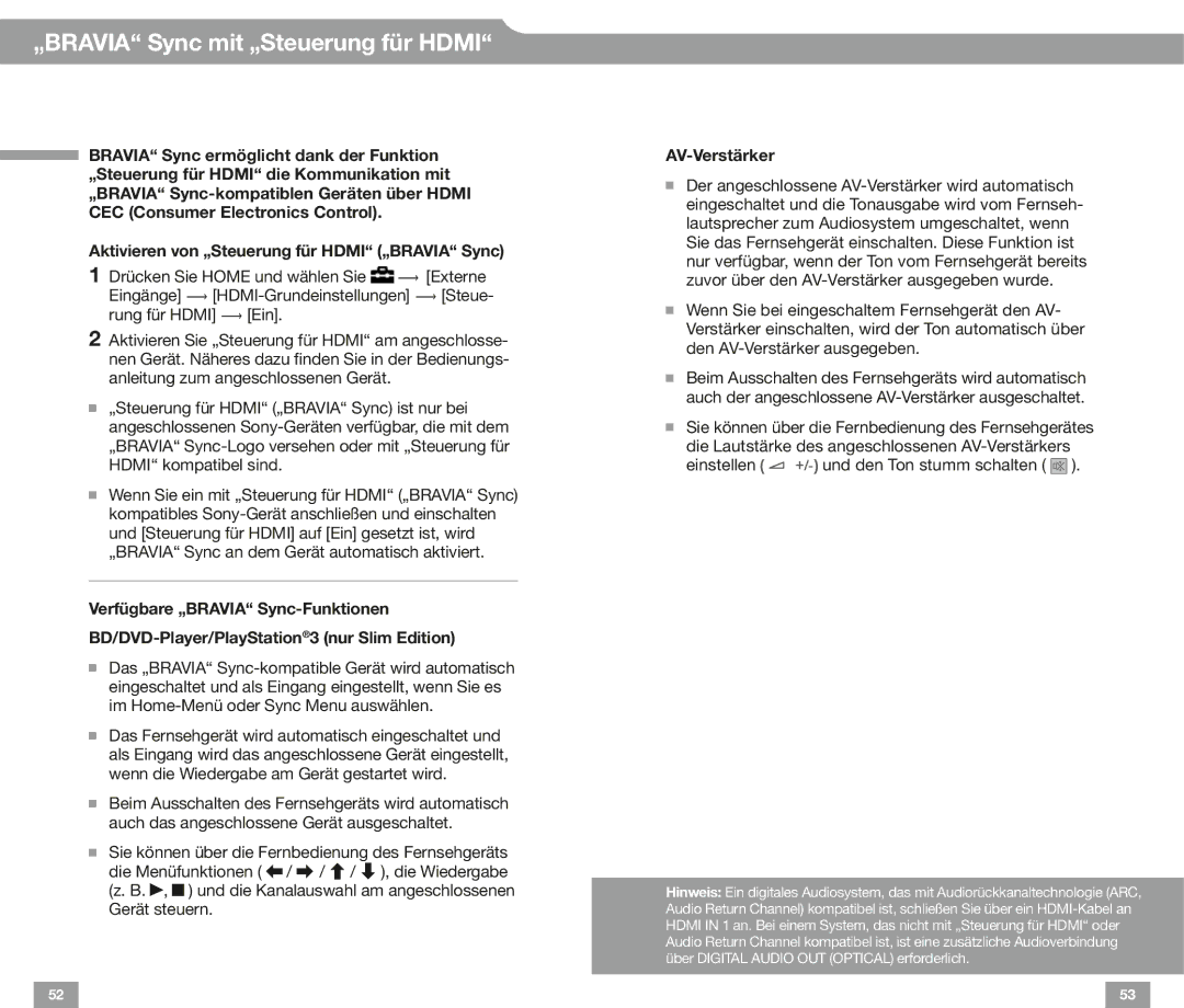 Sony HX92, EX72, EX52, CX52 EX32, EX42, NX72 HX72, HX82 manual „BRAVIA Sync mit „Steuerung für Hdmi, AV-Verstärker 