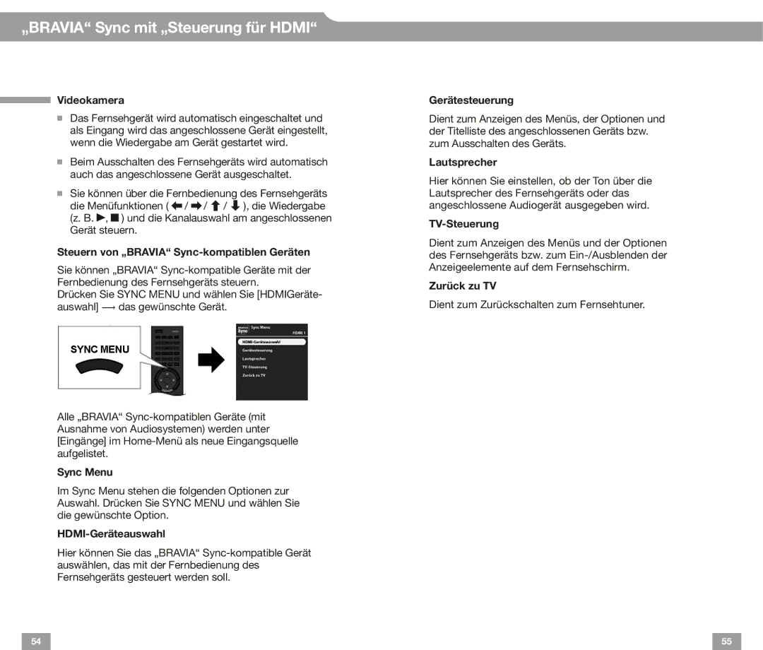 Sony EX72, EX52 Videokamera, Steuern von „BRAVIA Sync-kompatiblen Geräten, Sync Menu, HDMI-Geräteauswahl, Gerätesteuerung 