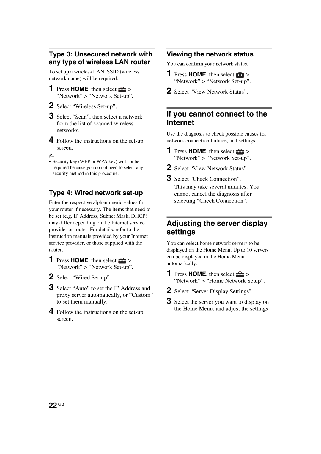 Sony EX523 If you cannot connect to the Internet, Adjusting the server display settings, 22 GB, Viewing the network status 