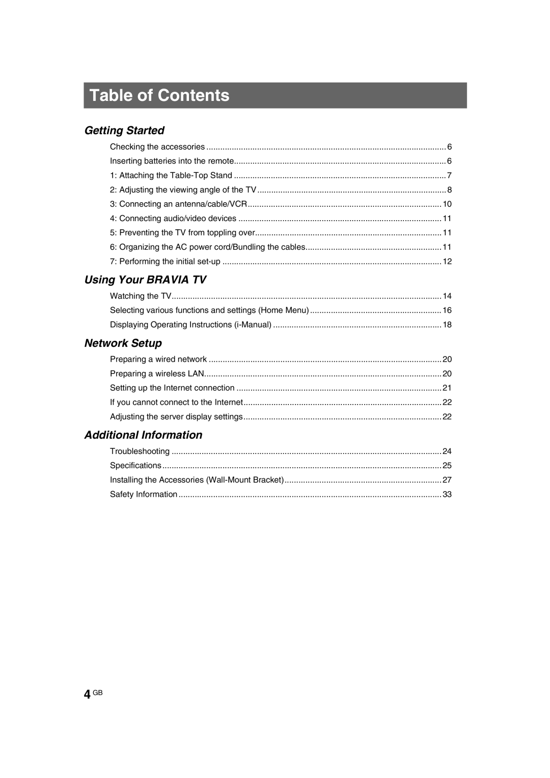 Sony EX520, EX720, EX423, CX520, CX523, EX420, EX523, KDL-EX723 manual Table of Contents 