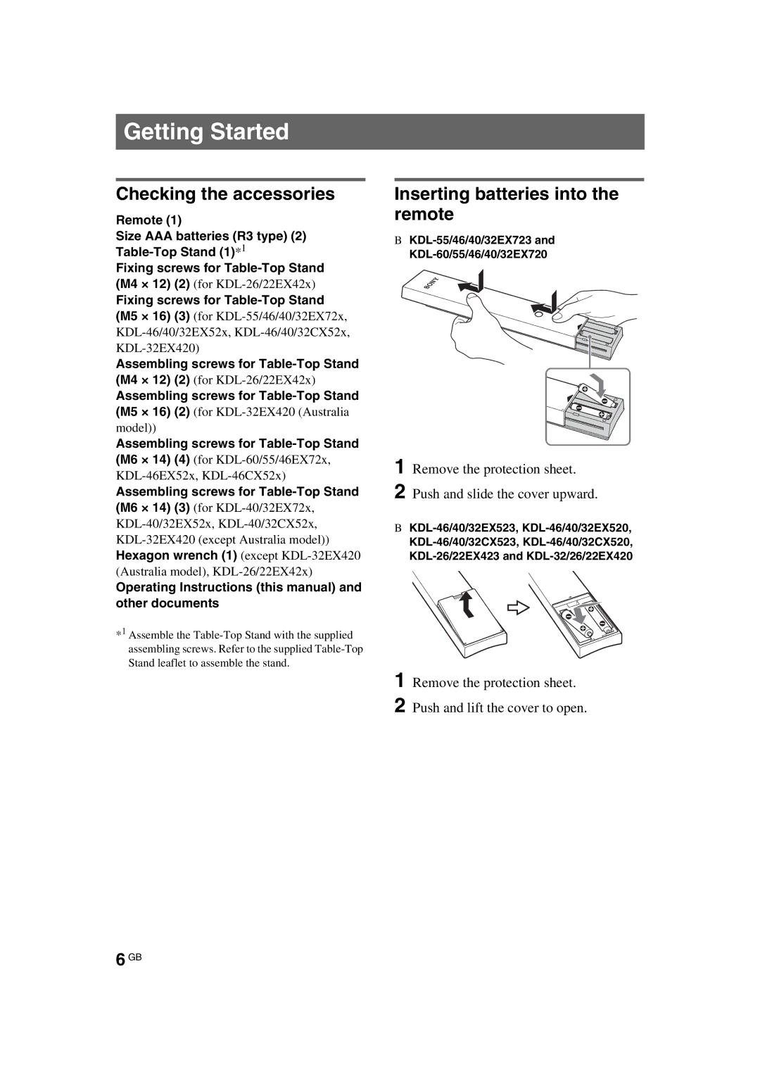 Sony EX523, EX720, EX423, CX520, CX523, EX520, EX420, KDL-EX723 Checking the accessories, Inserting batteries into the remote 