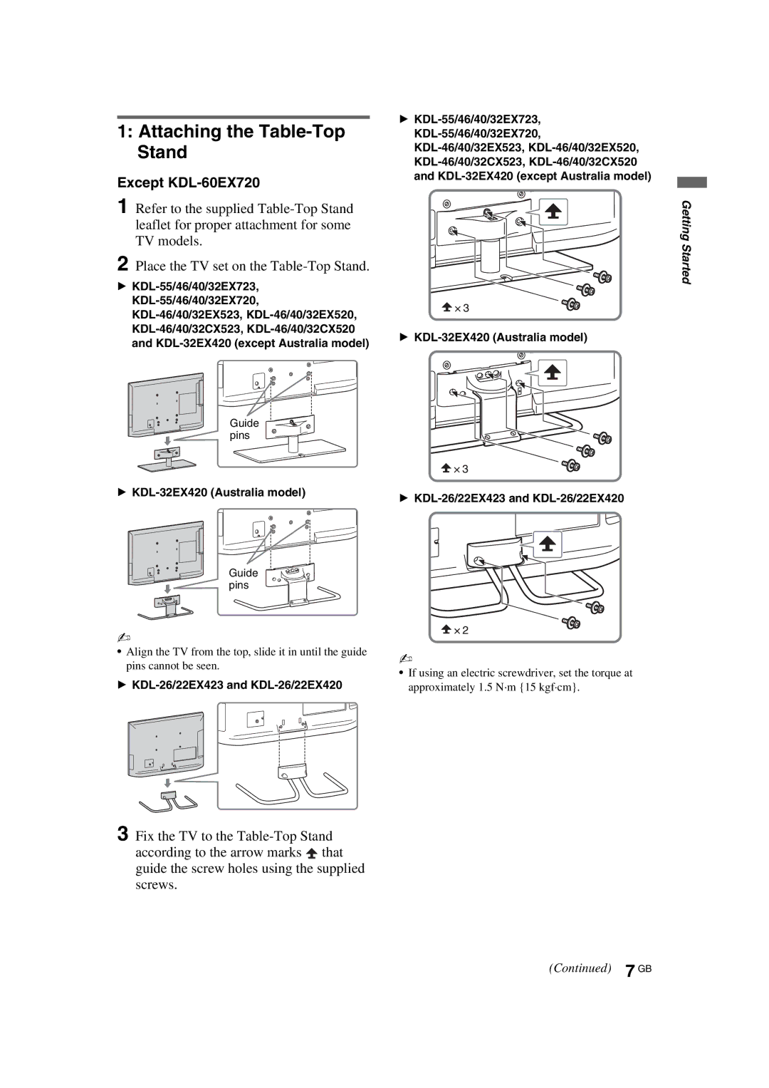 Sony KDL-EX723, EX423, CX520, CX523, EX520, EX420, EX523 manual Attaching the Table-Top Stand, Except KDL-60EX720 