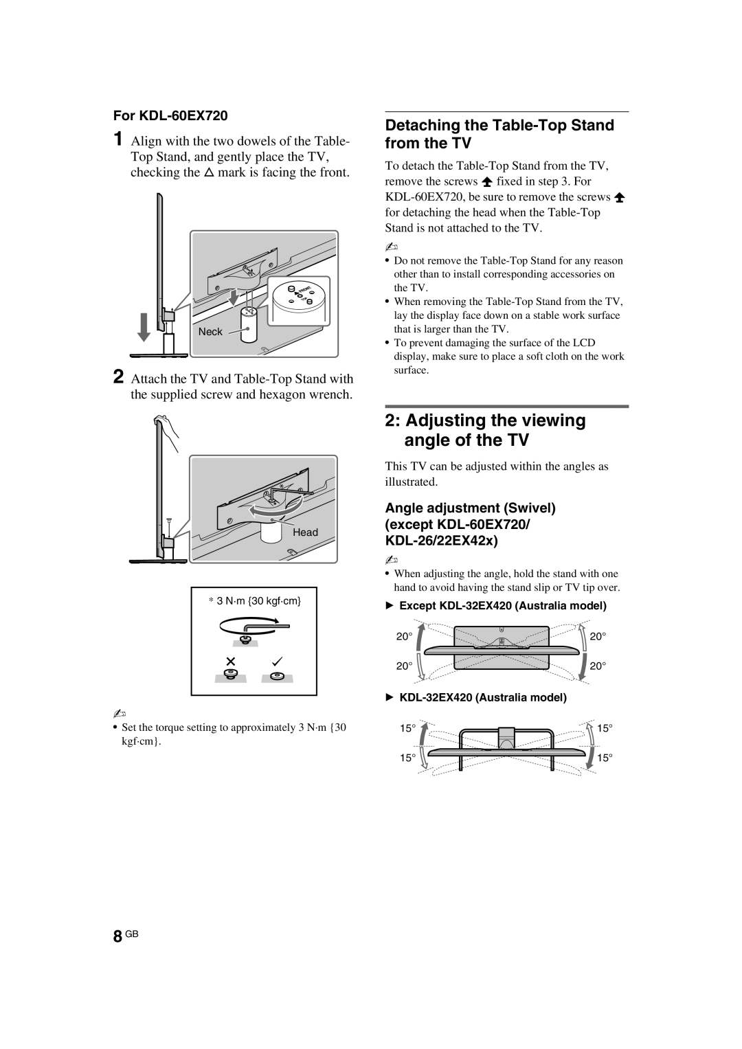 Sony EX720, EX423, CX520, CX523, EX520, EX420 Adjusting the viewing angle of the TV, Detaching the Table-Top Stand from the TV 