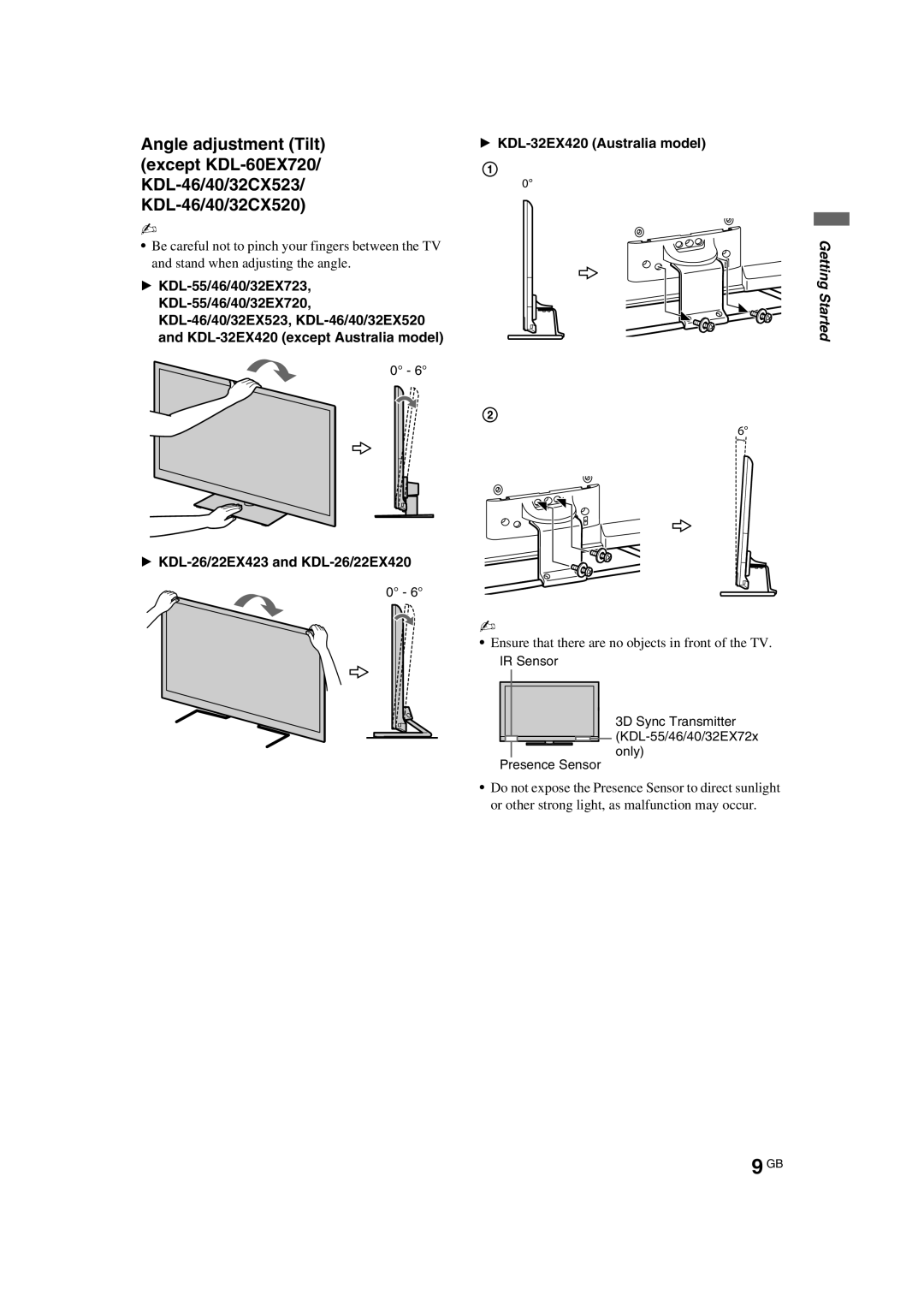 Sony EX423, EX720, CX520, CX523, EX520, EX420, EX523, KDL-EX723 manual Ensure that there are no objects in front of the TV 