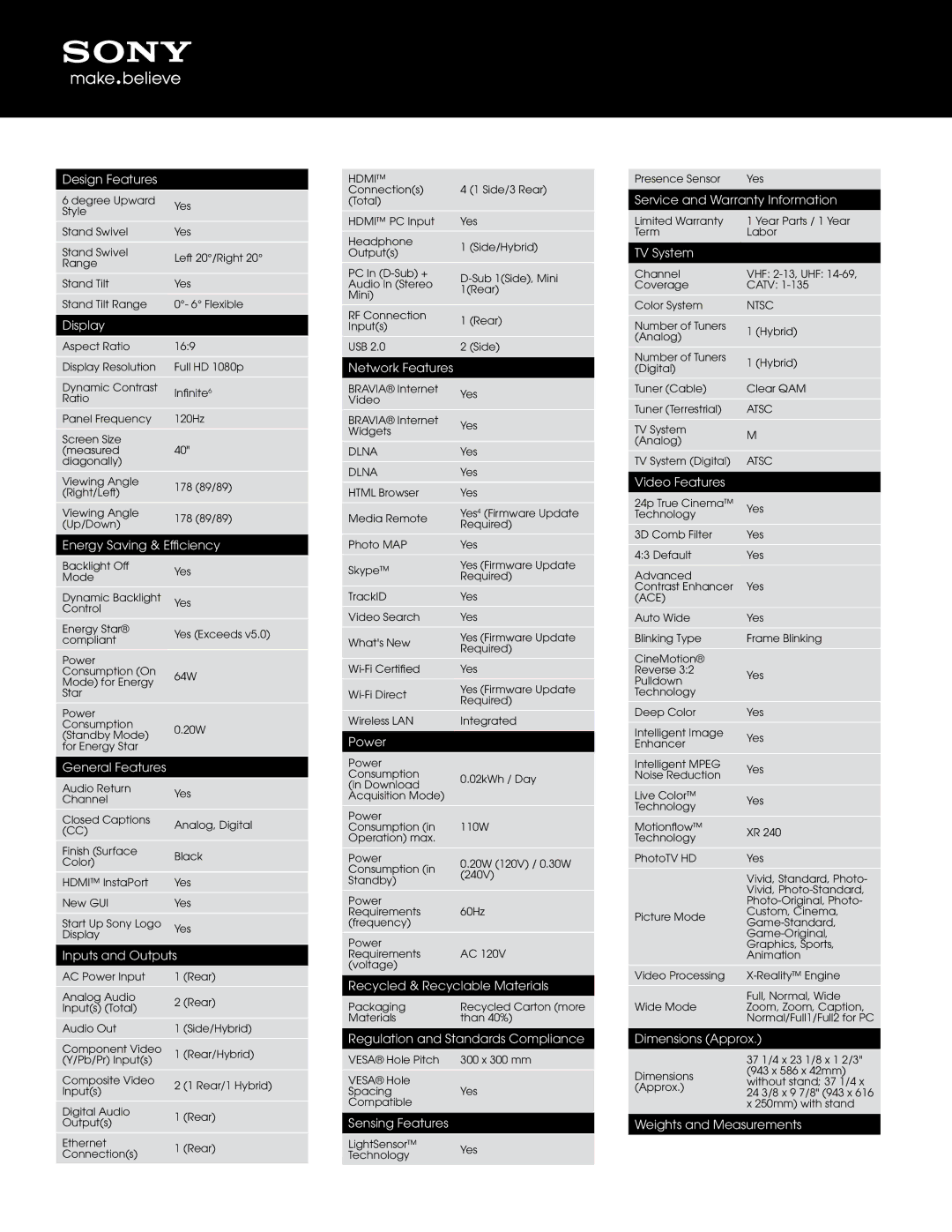 Sony EX723 Design Features, Display, Energy Saving & Efficiency, General Features, Inputs and Outputs, Network Features 