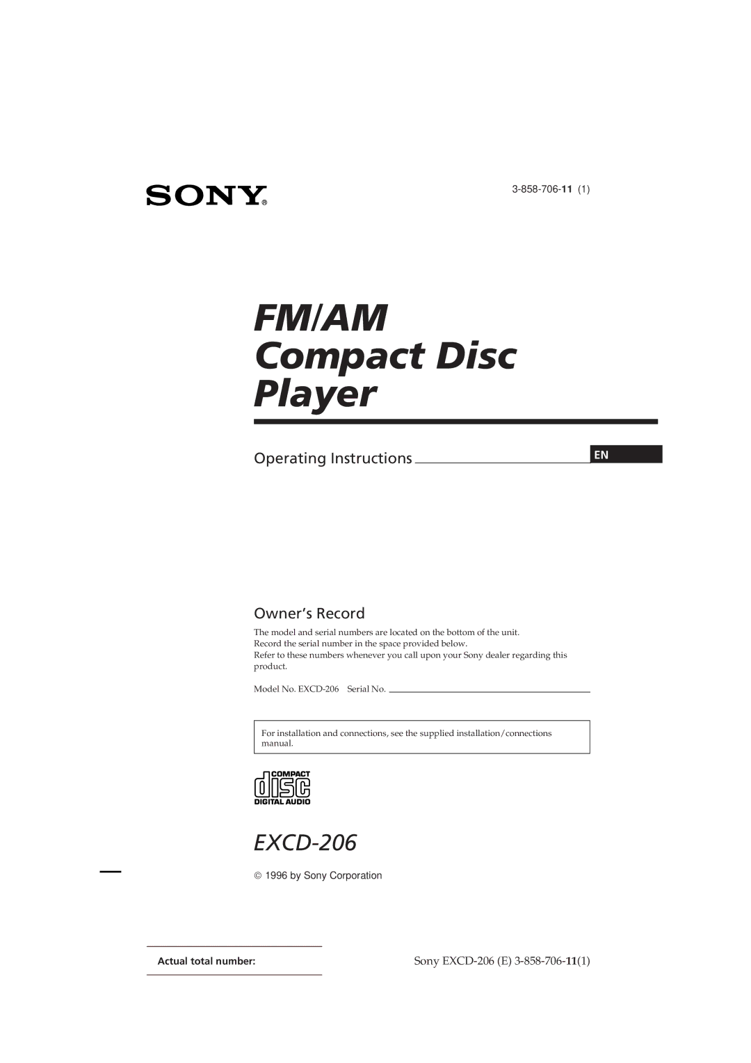 Sony EXCD-206 operating instructions Fm/Am, Actual total number 