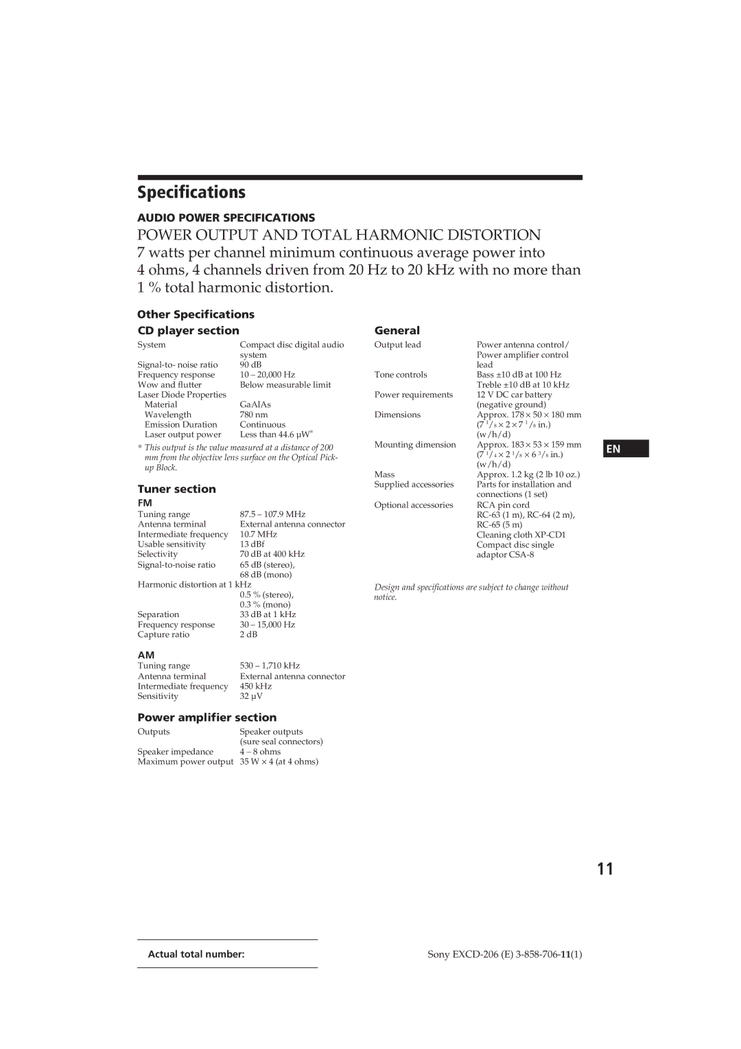 Sony EXCD-206 operating instructions Other Specifications CD player section, Power amplifier section 