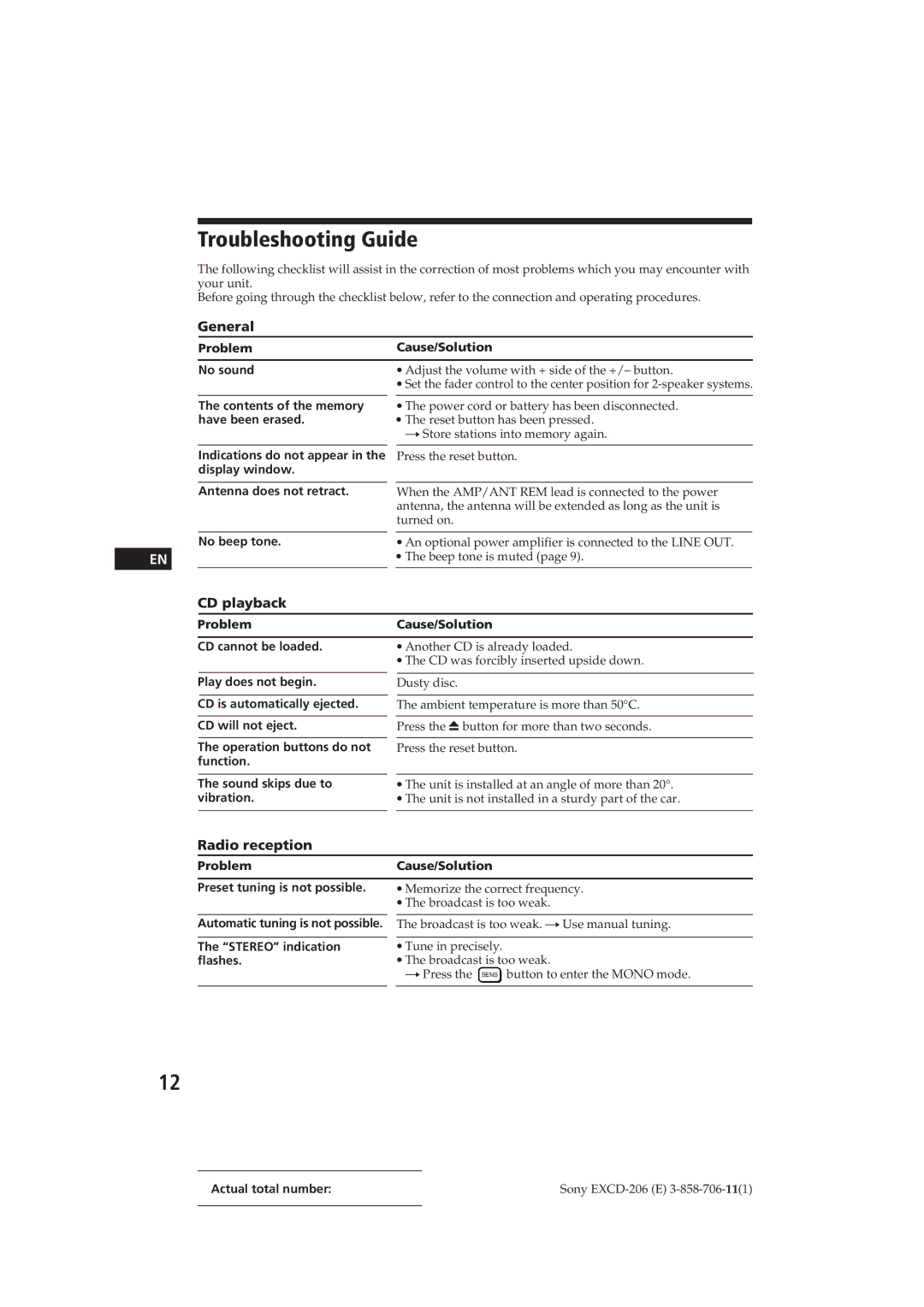 Sony EXCD-206 operating instructions Troubleshooting Guide, CD playback, Radio reception 