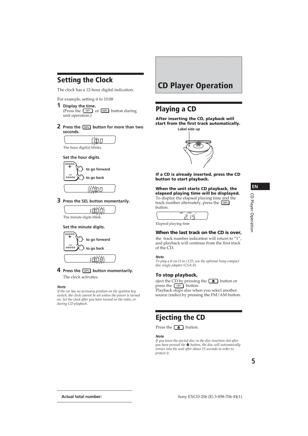 Sony EXCD-206 operating instructions CD Player Operation, Setting the Clock, Playing a CD, Ejecting the CD 