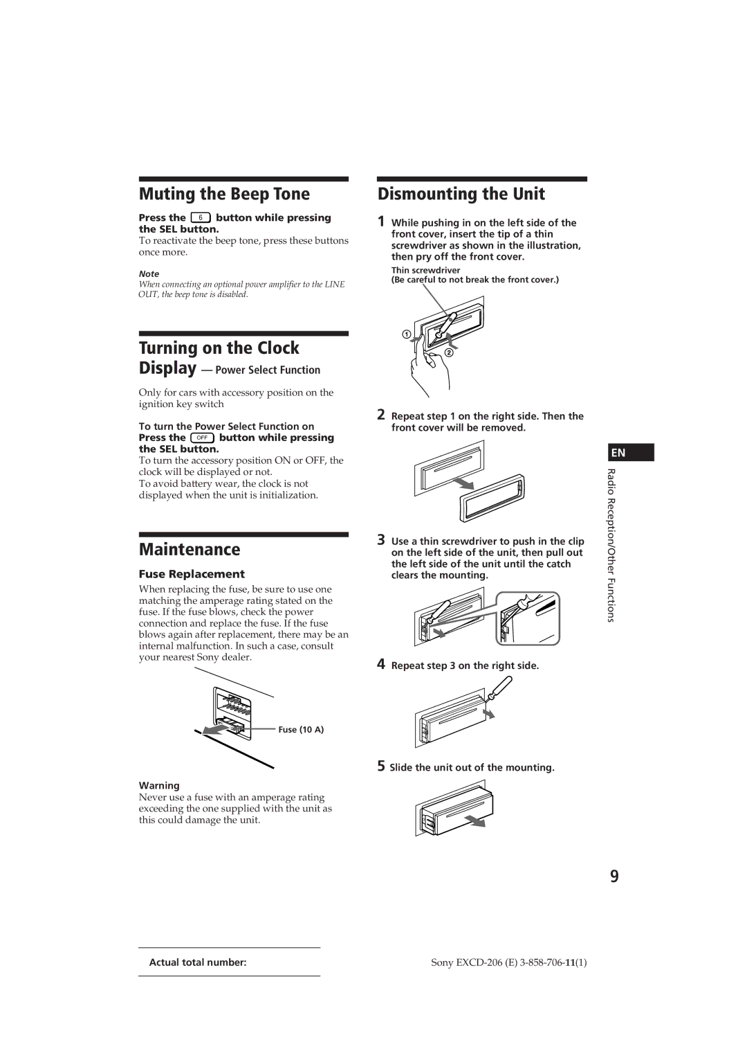 Sony EXCD-206 operating instructions Muting the Beep Tone, Turning on the Clock, Maintenance, Dismounting the Unit 