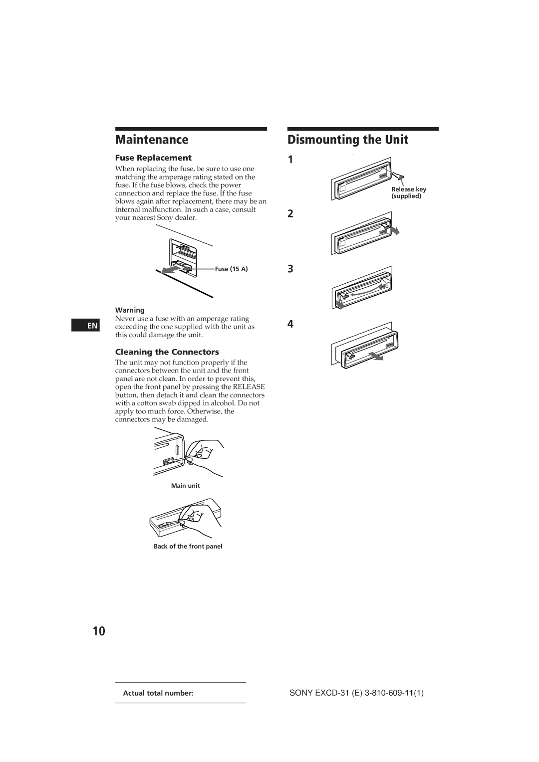 Sony EXCD-31 manual Maintenance, Dismounting the Unit, Fuse Replacement, Cleaning the Connectors 