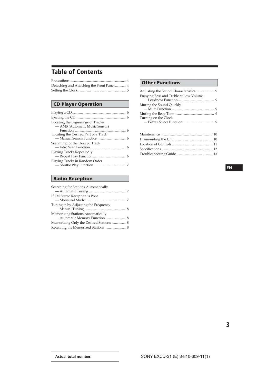 Sony EXCD-31 manual Table of Contents 