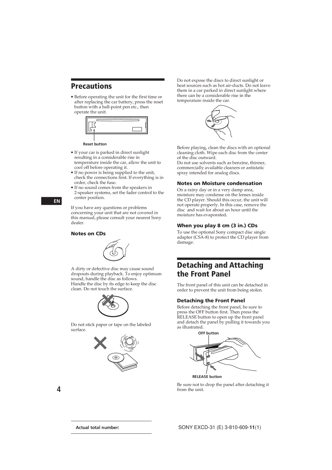 Sony EXCD-31 Precautions, Detaching and Attaching the Front Panel, When you play 8 cm 3 in. CDs, Detaching the Front Panel 