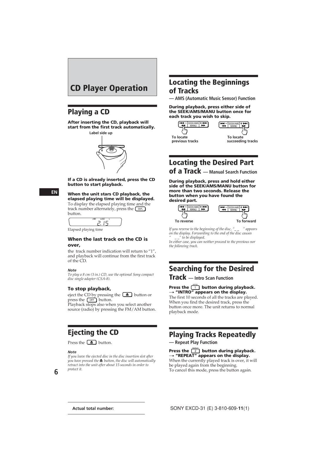 Sony EXCD-31 manual CD Player Operation 