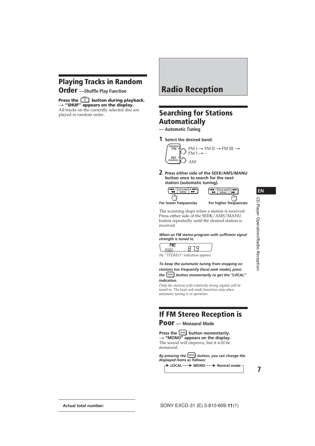 Sony EXCD-31 Radio Reception, Playing Tracks in Random, Searching for Stations Automatically, Order -Shuffle Play Function 