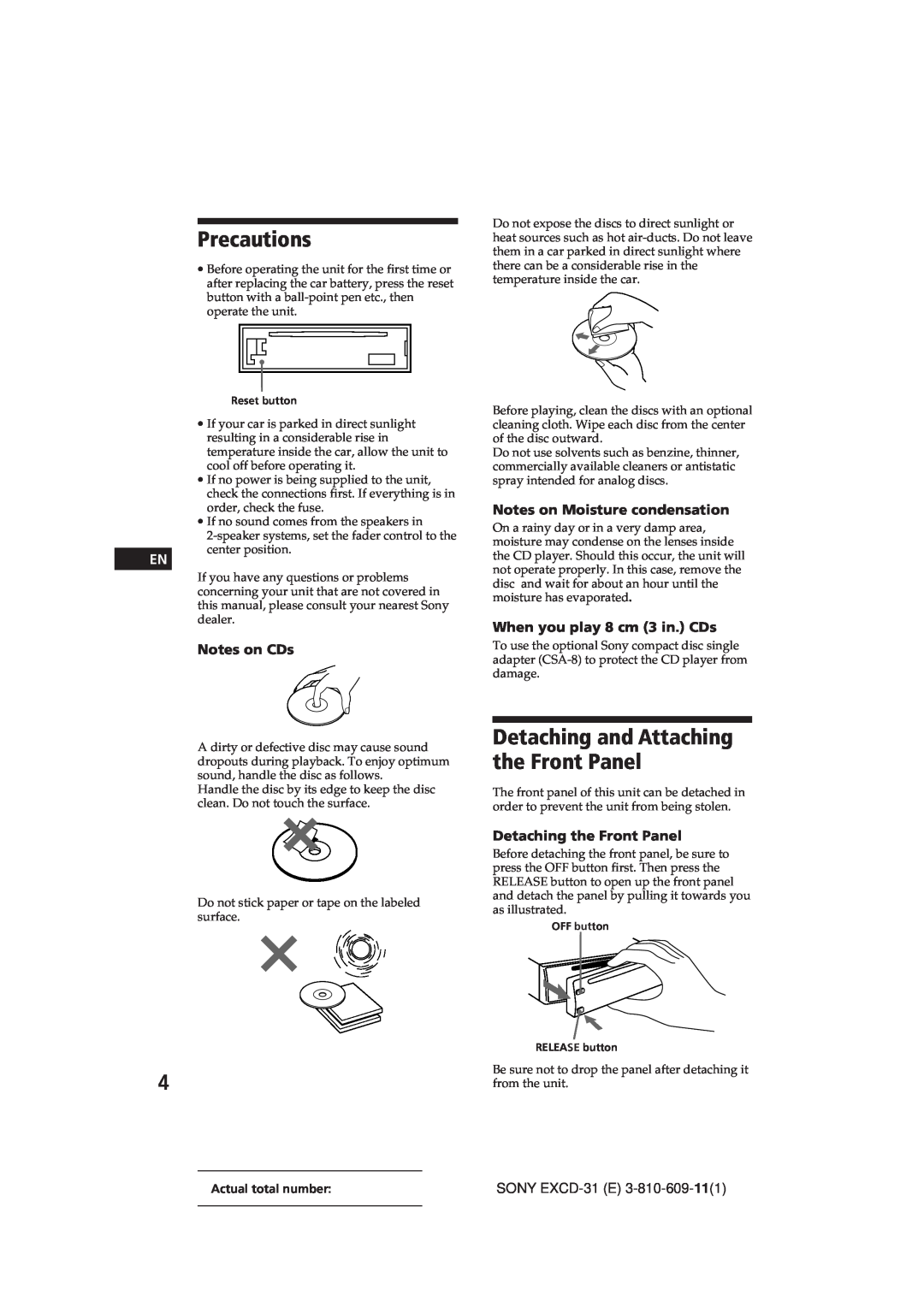 Sony EXCD-31 manual Precautions, Detaching and Attaching the Front Panel, Notes on CDs, Notes on Moisture condensation 