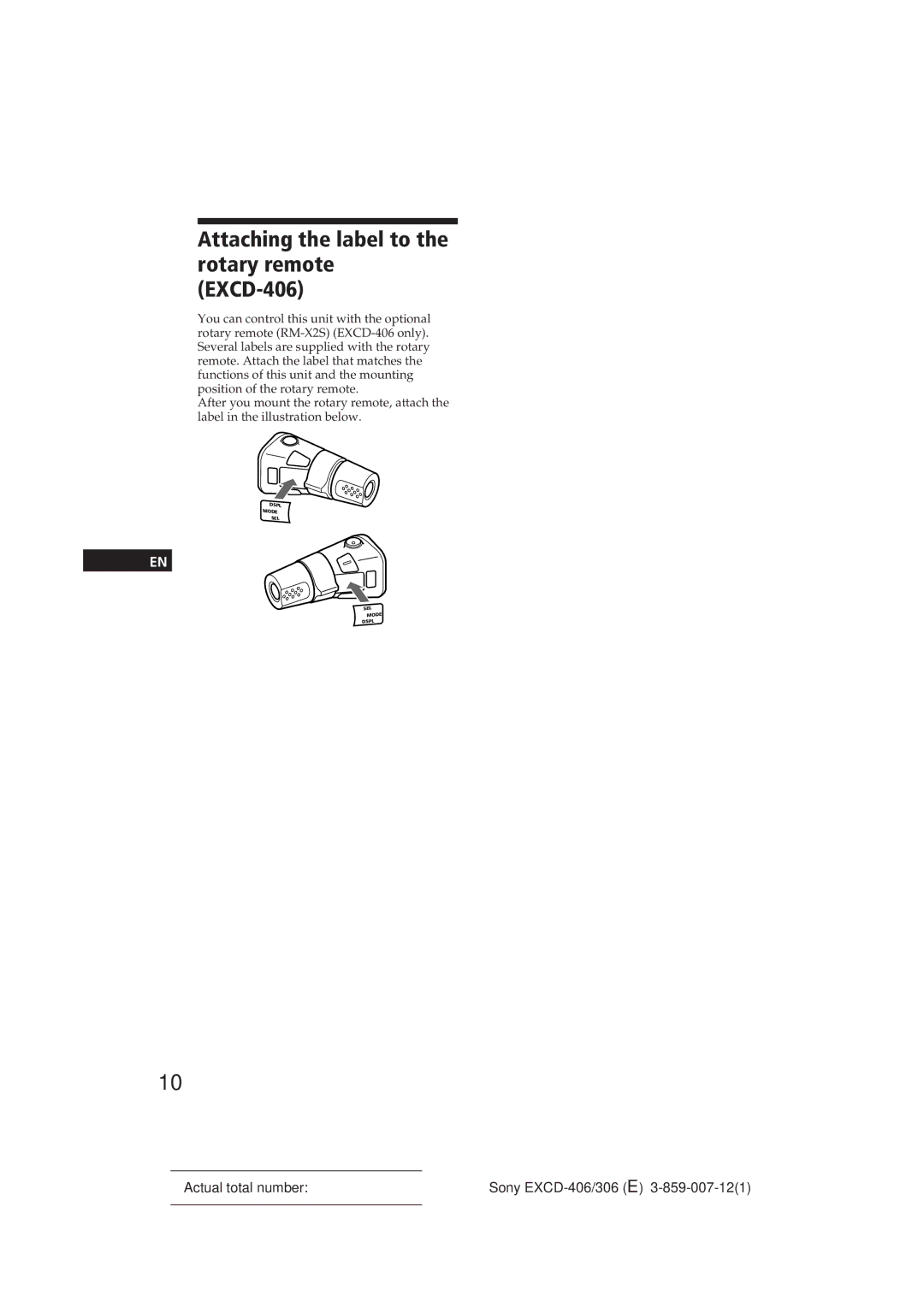 Sony EXCD-306 operating instructions Attaching the label to the rotary remote EXCD-406 