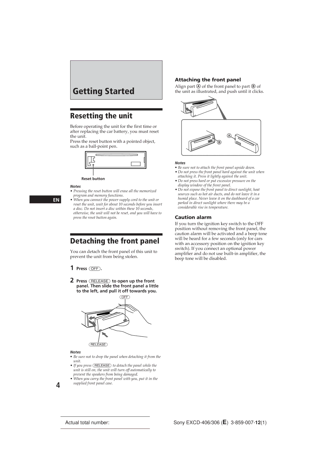 Sony EXCD-406 Getting Started, Resetting the unit, Detaching the front panel, Attaching the front panel, Press OFF 