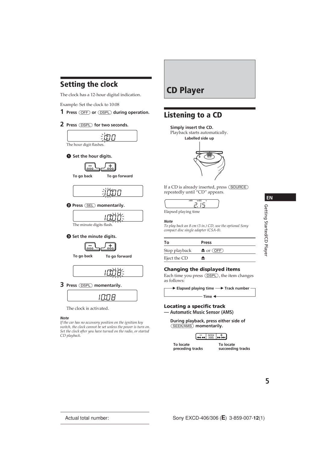 Sony EXCD-306, EXCD-406 operating instructions CD Player, Setting the clock, Listening to a CD, Changing the displayed items 