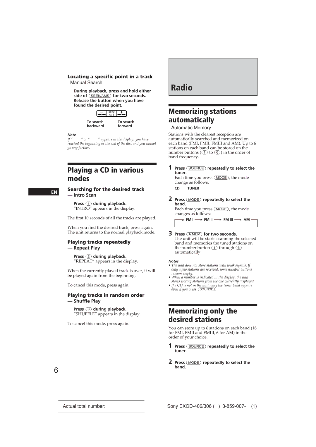 Sony EXCD-406, EXCD-306 operating instructions Radio, Playing a CD in various modes 