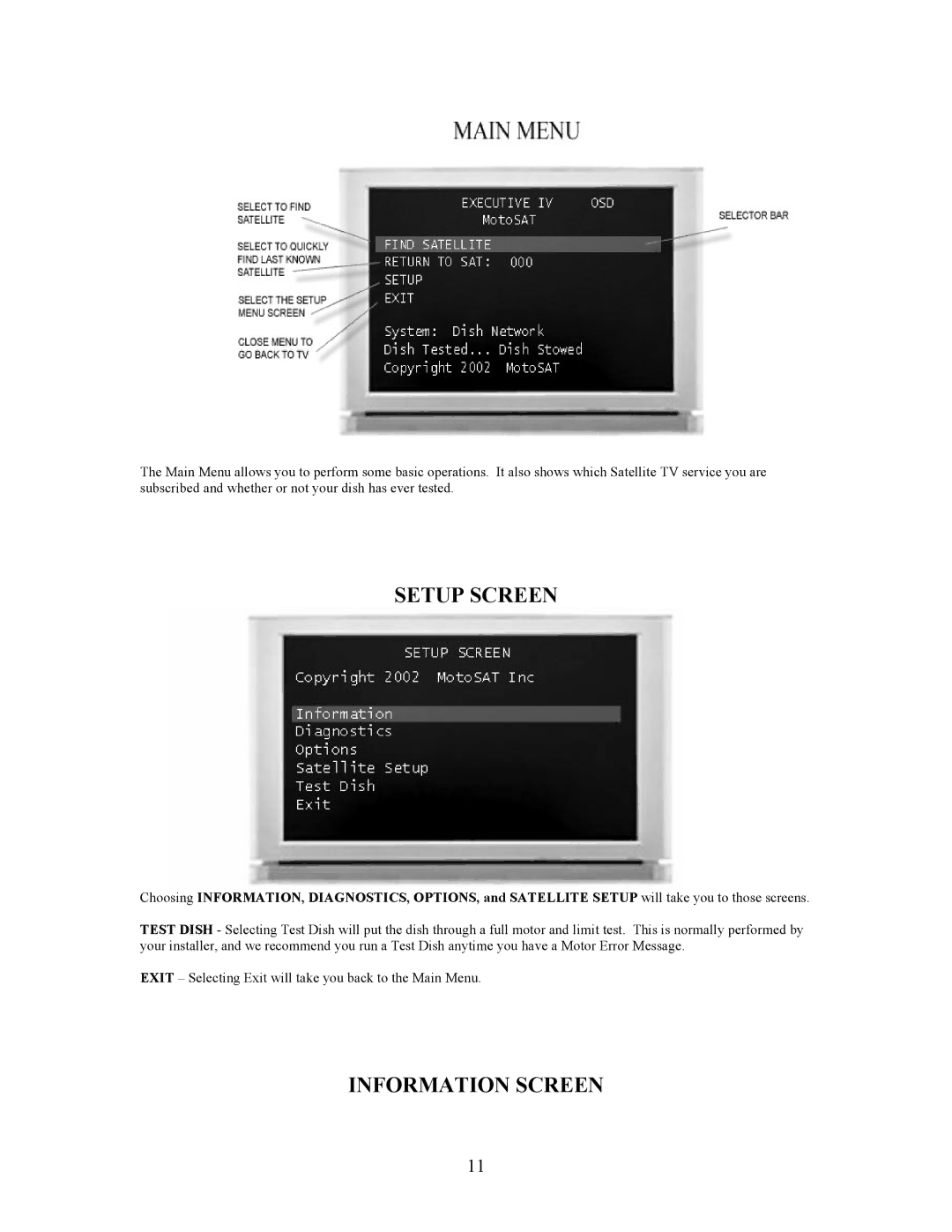 Sony EXECUTIVE / MiniDome OSD user manual Setup Screen, Information Screen 