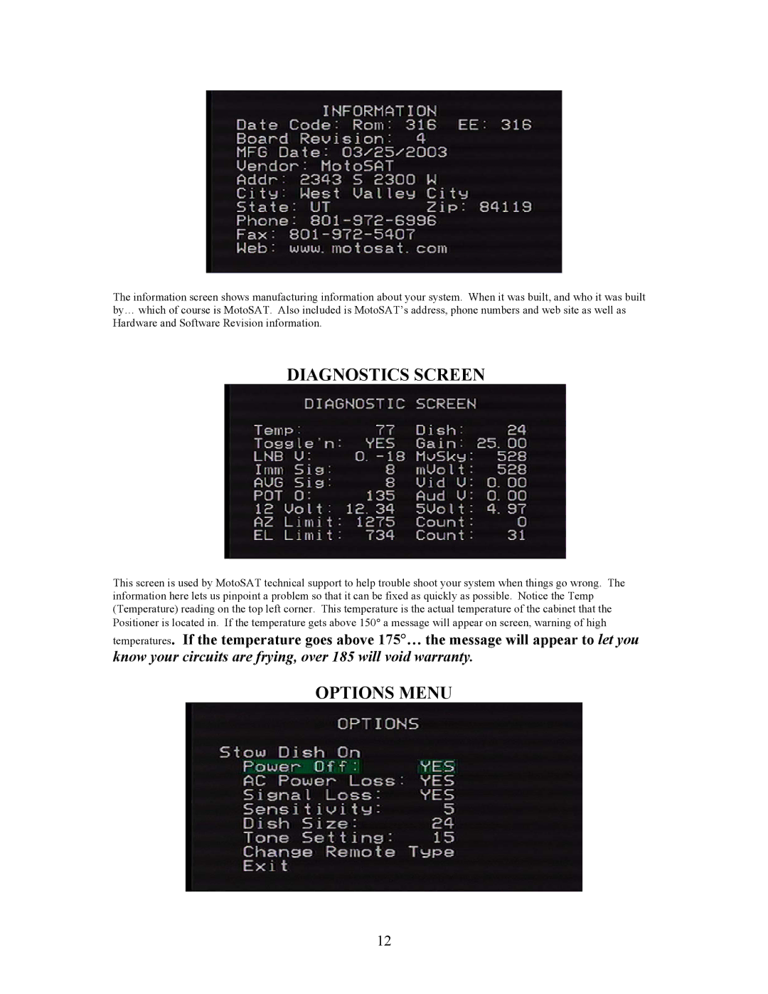 Sony EXECUTIVE / MiniDome OSD user manual Diagnostics Screen, Options Menu 