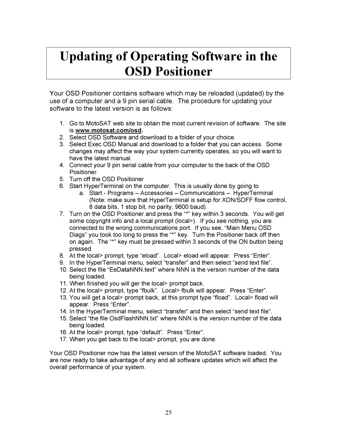 Sony EXECUTIVE / MiniDome OSD user manual Updating of Operating Software OSD Positioner 