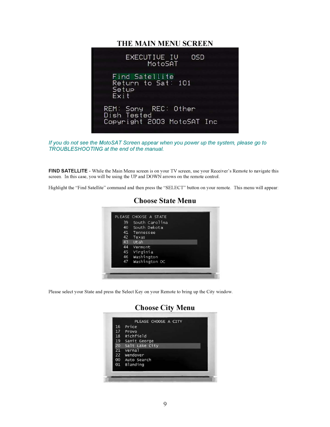 Sony EXECUTIVE / MiniDome OSD user manual Main Menu Screen, Choose State Menu, Choose City Menu 