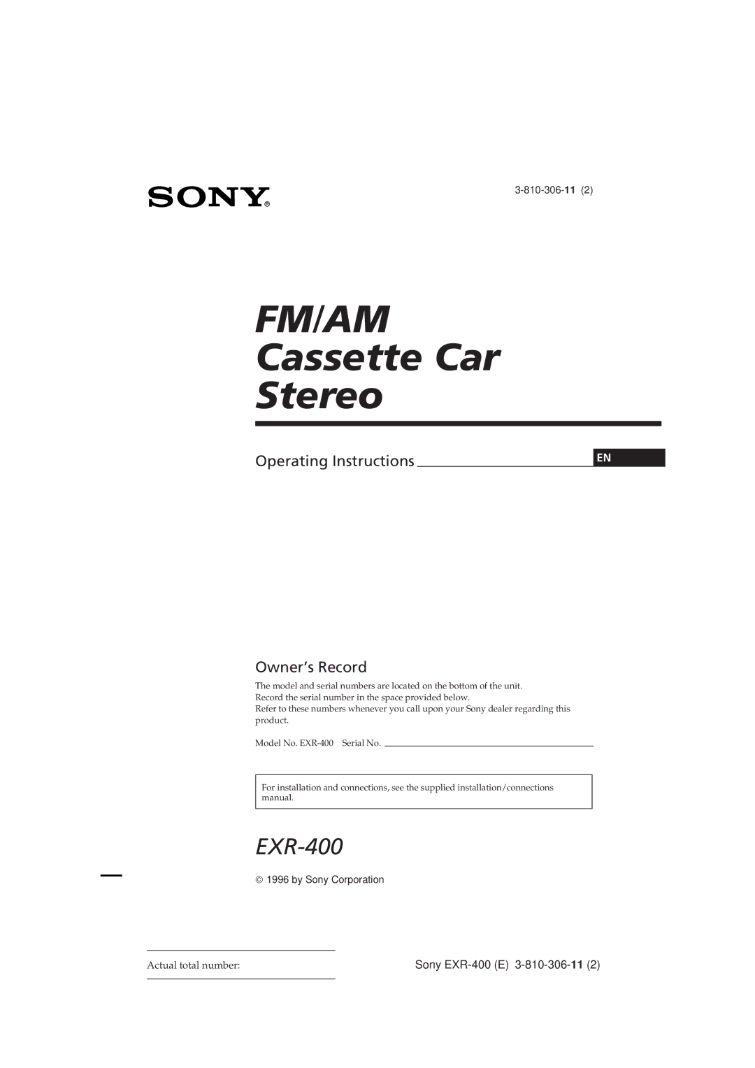 Sony EXR-400 operating instructions Fm/Am 